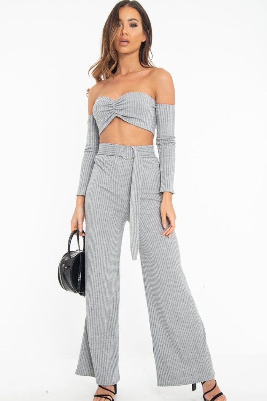 Clothing Rebellious Fashion | Grey Rib Bardot Crop Top Belted Trousers Co-Ord - Cecilia