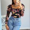 Clothing Rebellious Fashion | Black Floral Puff Sleeve Bodysuit - Deana