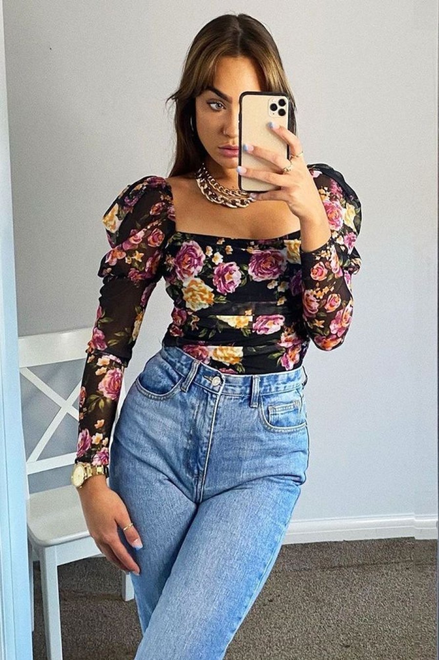 Clothing Rebellious Fashion | Black Floral Puff Sleeve Bodysuit - Deana