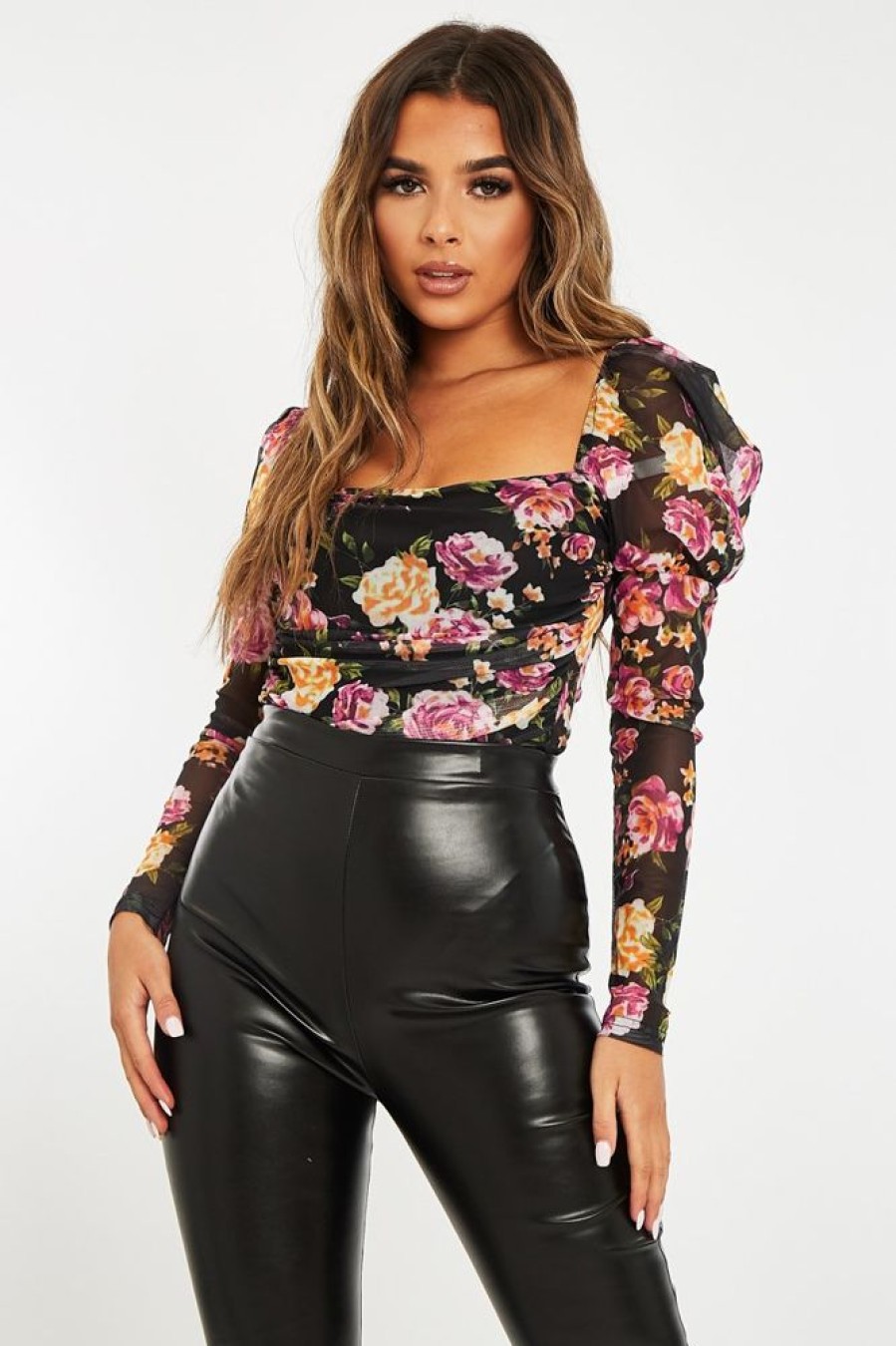 Clothing Rebellious Fashion | Black Floral Puff Sleeve Bodysuit - Deana