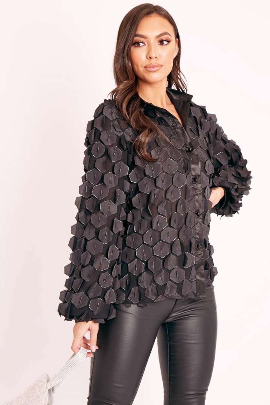 Clothing Rebellious Fashion | Black Geometric Applique Button Front Shirt - Bostyn