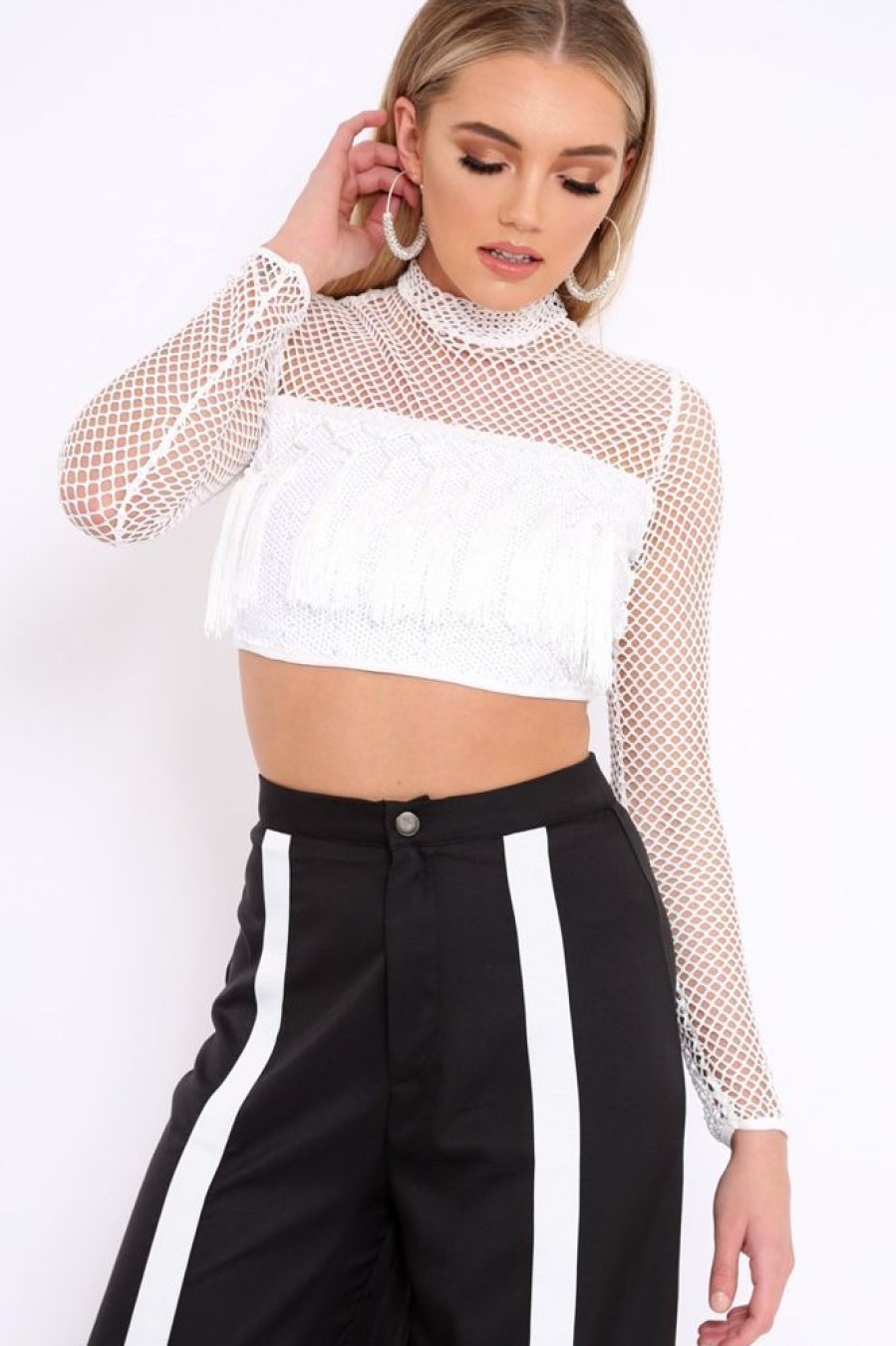 Clothing Rebellious Fashion | White Mesh Long Sleeve Crop Top With Sequin And Tassel Detailing - Elyssia