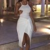 Clothing Rebellious Fashion | Cream Ribbed Wrap Front Tie Detail Midi Dress - Praise