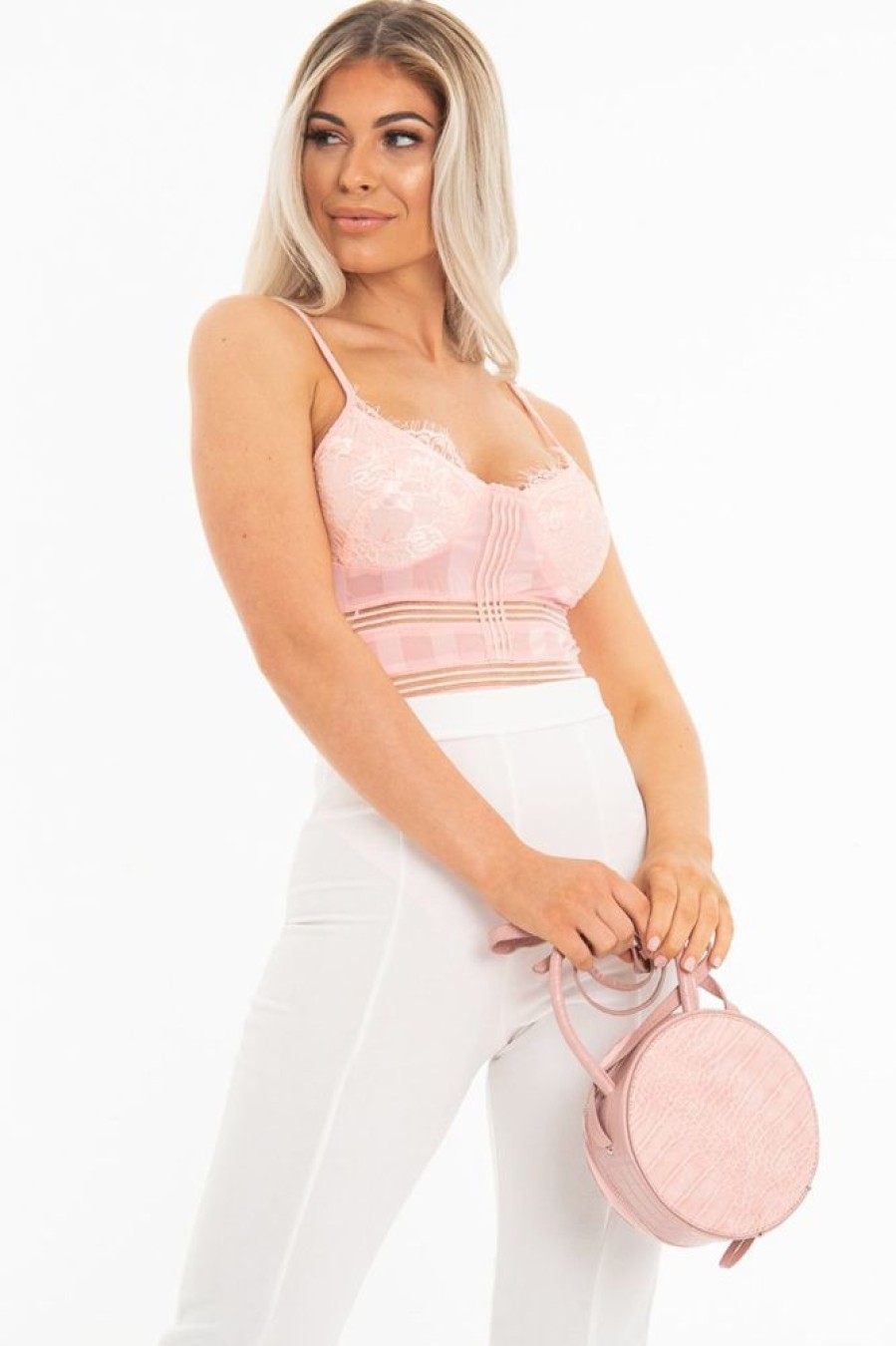 Clothing Rebellious Fashion | Pink Striped Lace Detail Cupped Bodysuit - Mollie