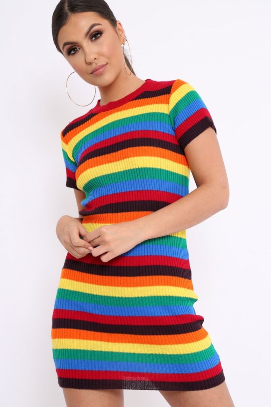 Clothing Rebellious Fashion | Rainbow Stripe Crew Neck Knitted Dress - Coleen