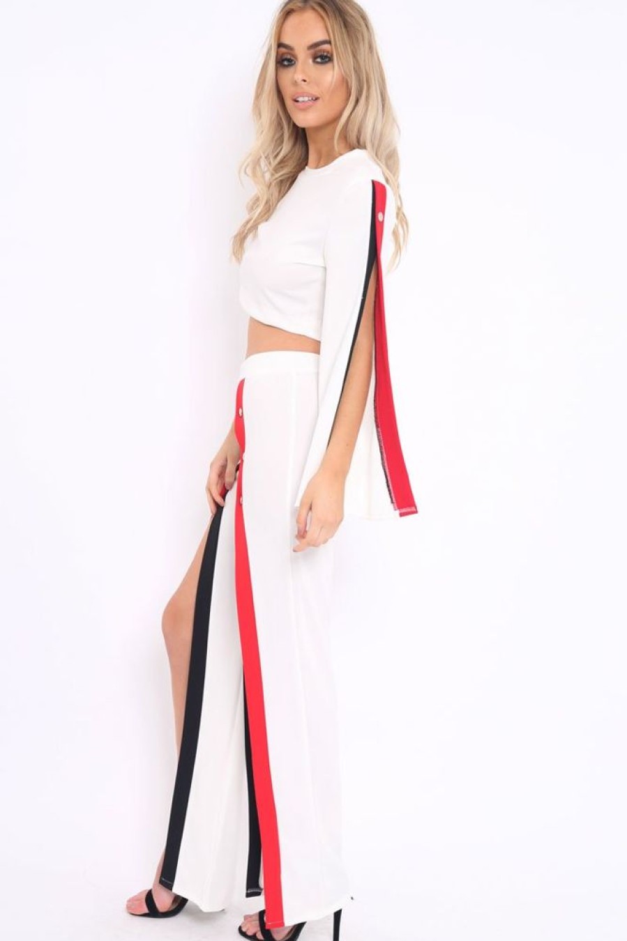 Clothing Rebellious Fashion | White Contrast Split Popper Front Co-Ord Set - Krista