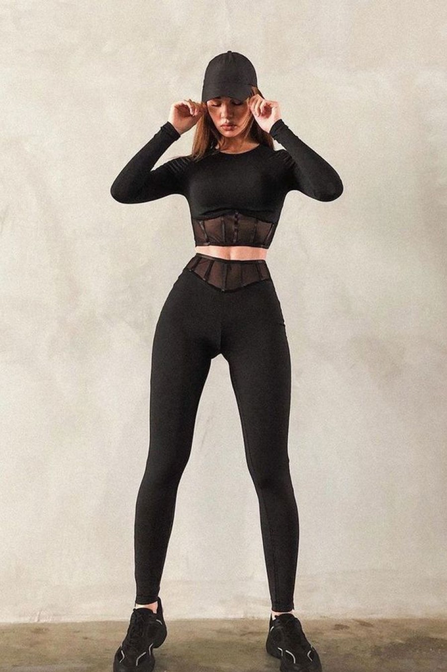 Clothing Rebellious Fashion | Black Mesh Corset Panel Crop Top Leggings Co-Ord - Angela