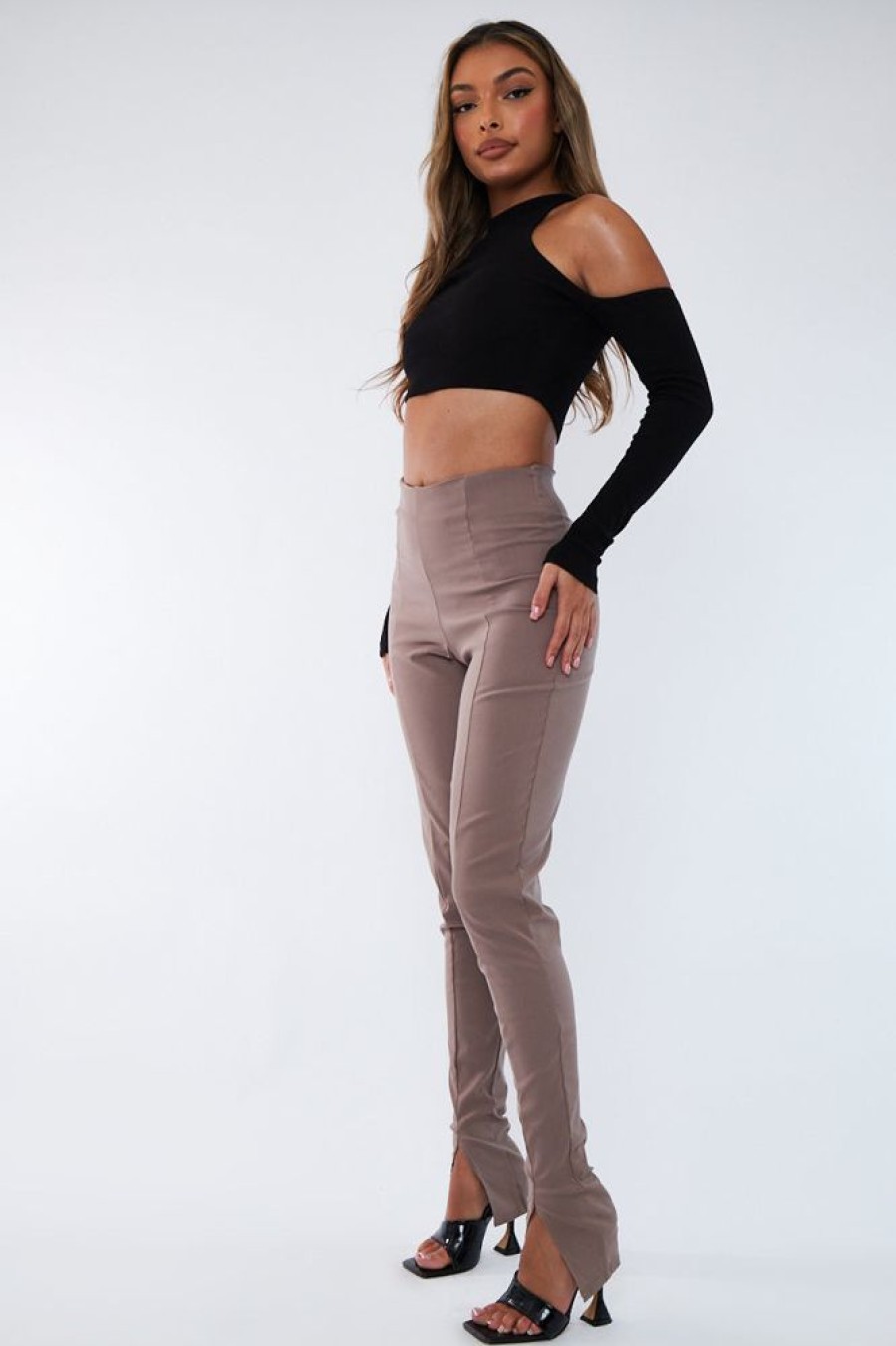 Clothing Rebellious Fashion | Beige Seam Detail Split Hem Leggings - Mila