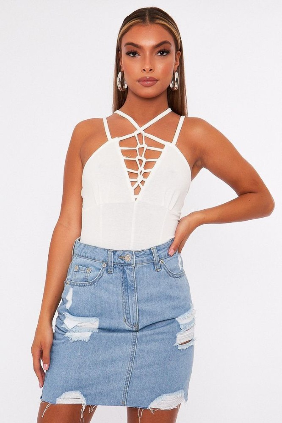 Clothing Rebellious Fashion | White Lace Up Front Bodysuit - Gea