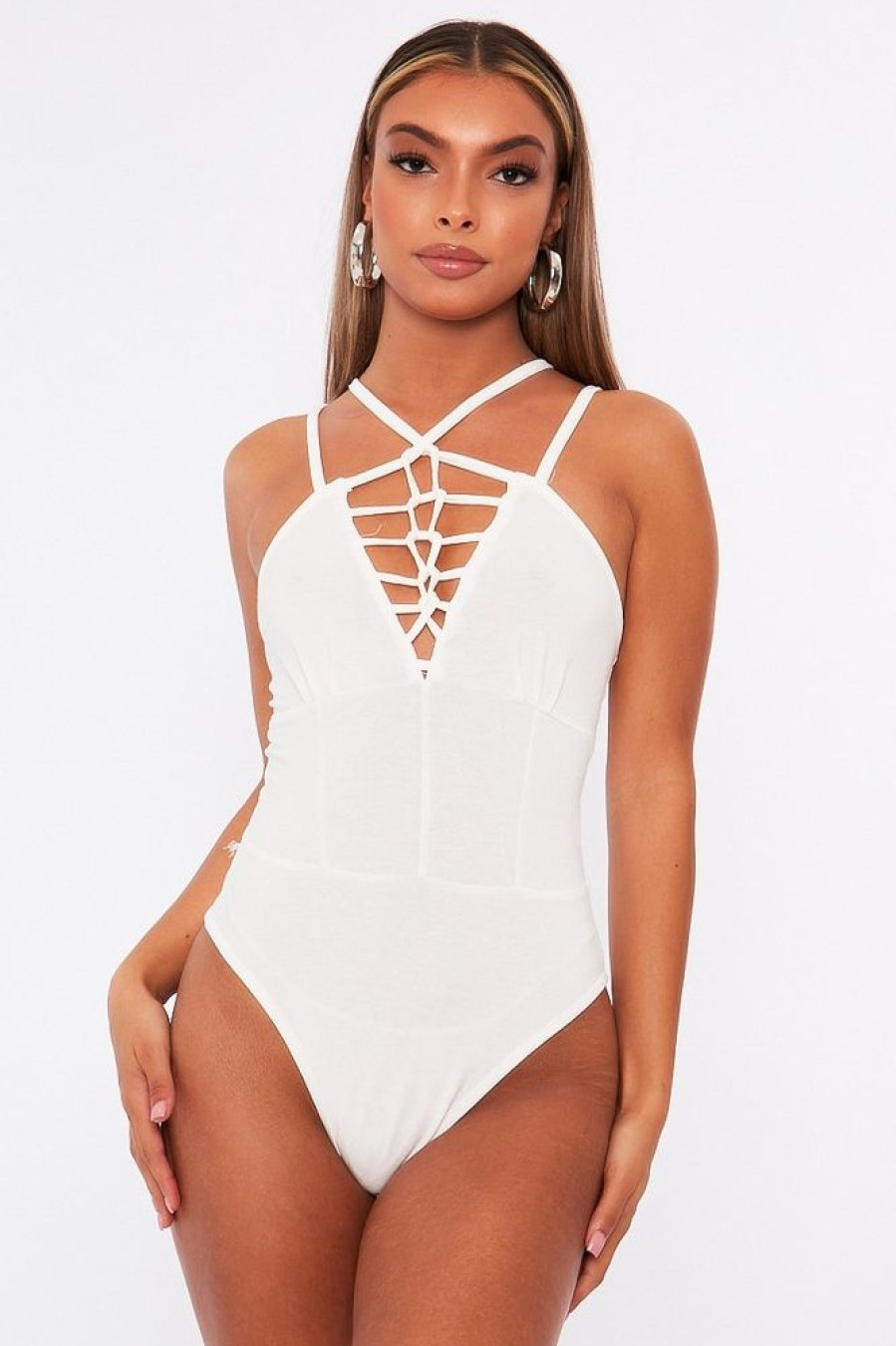 Clothing Rebellious Fashion | White Lace Up Front Bodysuit - Gea