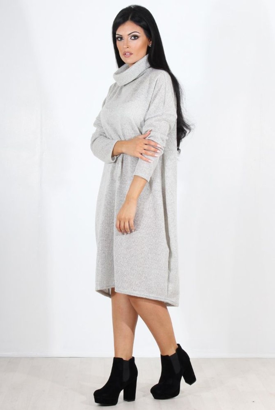 Clothing Rebellious Fashion | Charley Grey Cowl Neck Oversized Jumper Dress