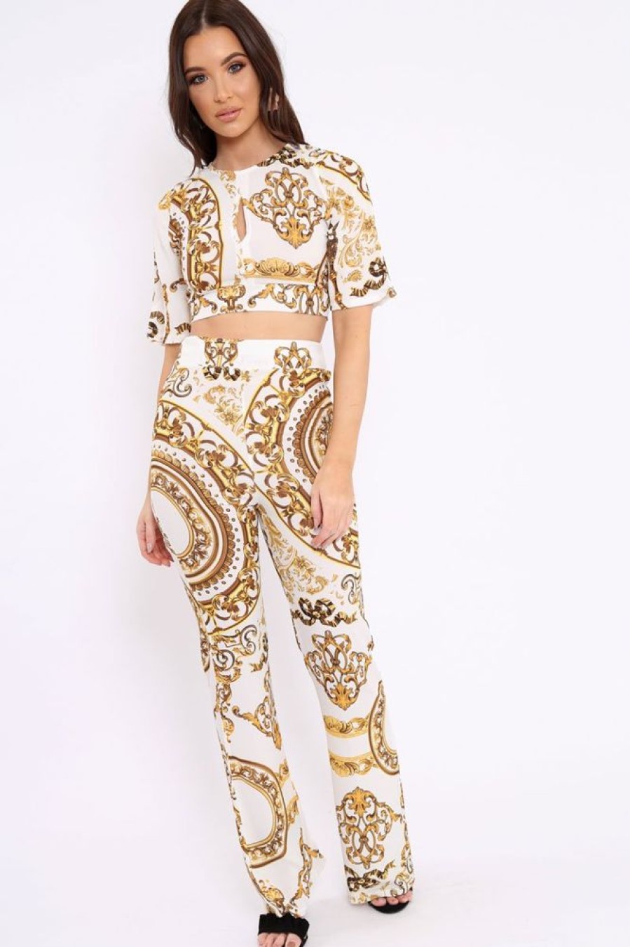 Clothing Rebellious Fashion | White Cropped Scarf Print Co-Ord - Thresa