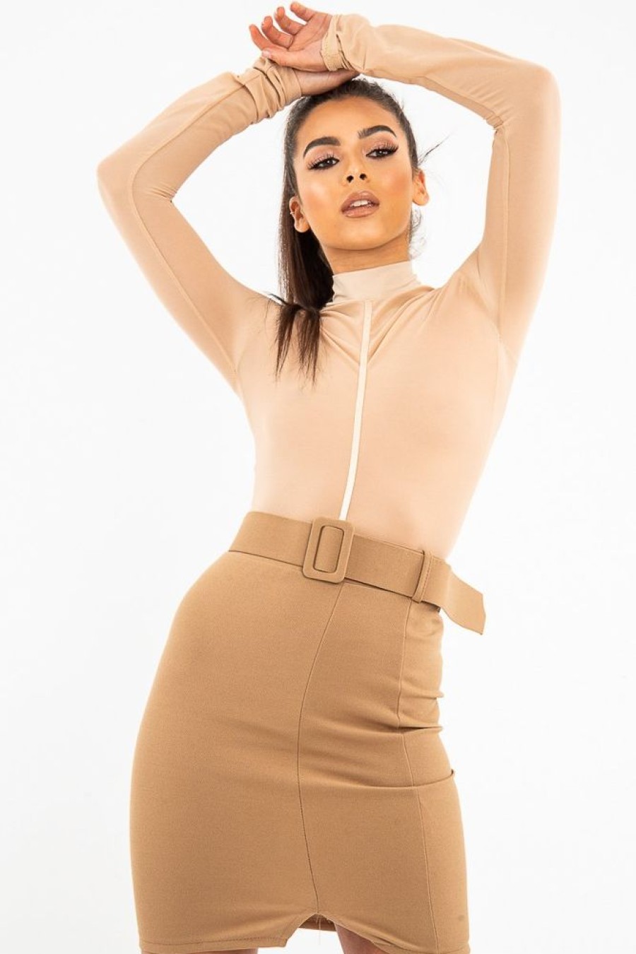 Clothing Rebellious Fashion | Beige Turtle Neck All Over Mesh Bodysuit - Makeila