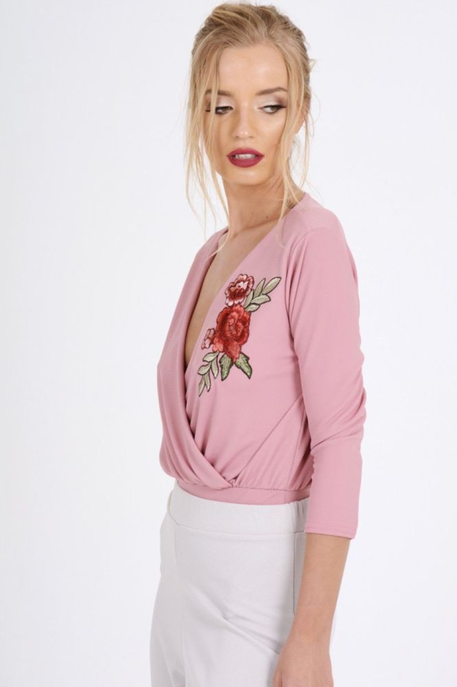 Clothing Rebellious Fashion | Pink Wrap Around Embroidered Bodysuit - Roisin