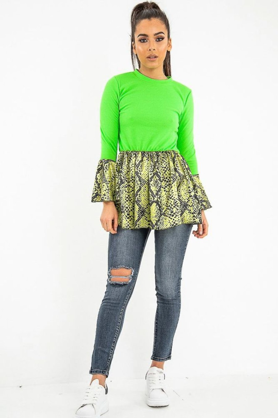 Clothing Rebellious Fashion | Neon Green Lime Snake Print Flare Sleeve Peplum Top - Dhara