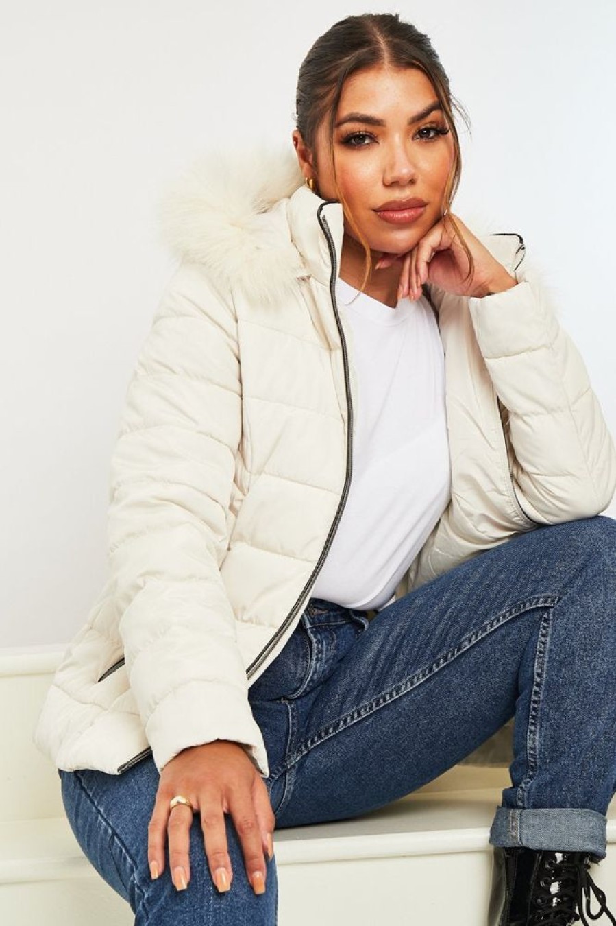 Clothing Rebellious Fashion | White Fur Trim Hood Puffer Coat - Reva