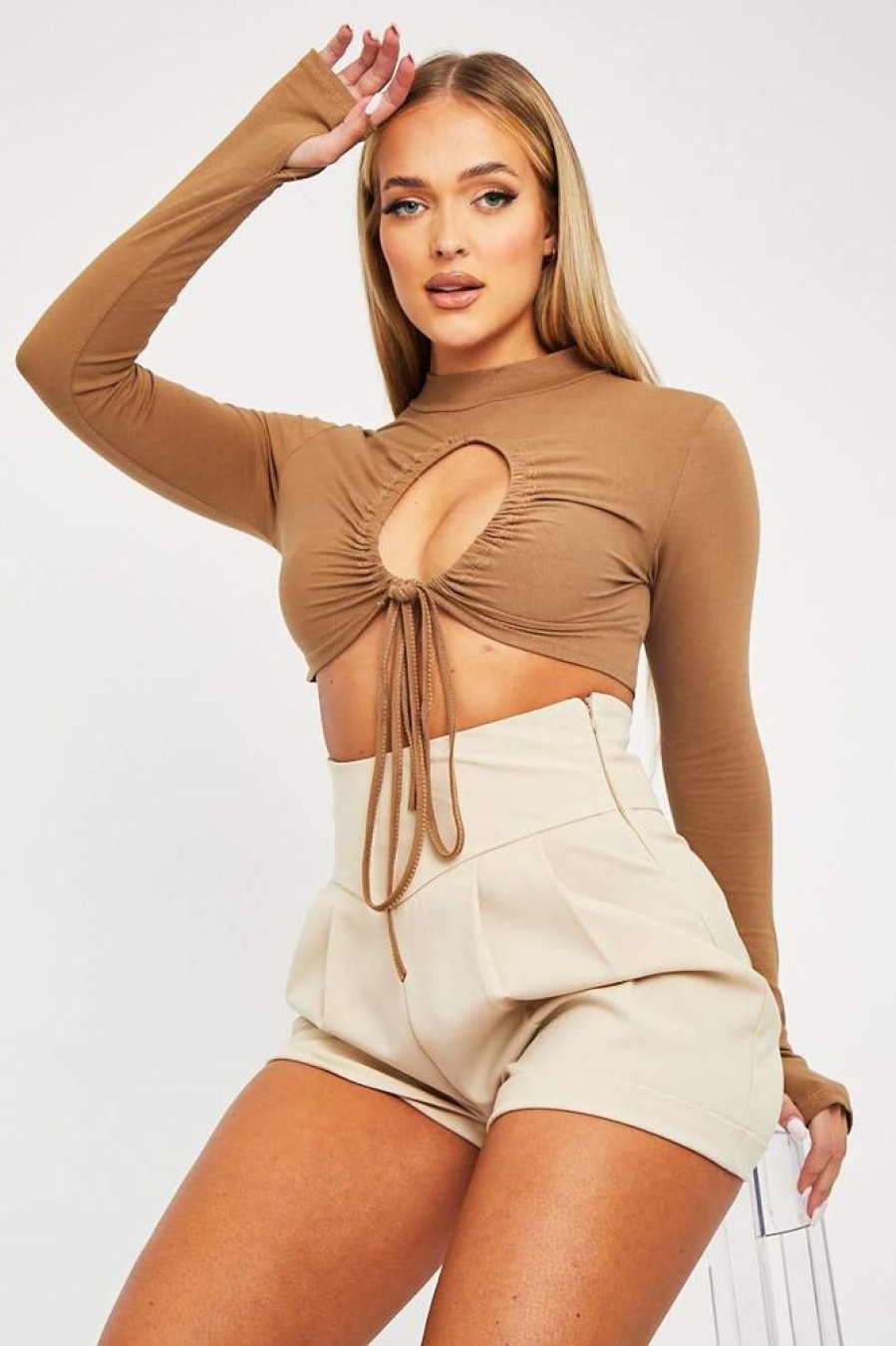 Clothing Rebellious Fashion | Camel Chest Cut Out High Neck Crop Top - Kara