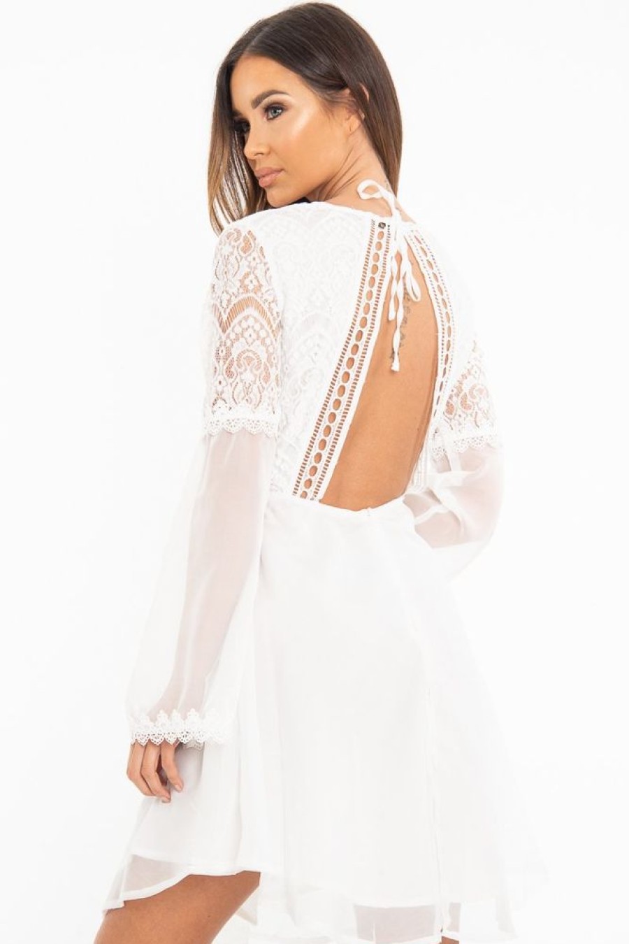 Clothing Rebellious Fashion | White Lace Sheer Detail Plunge Skater Dress - Mayci