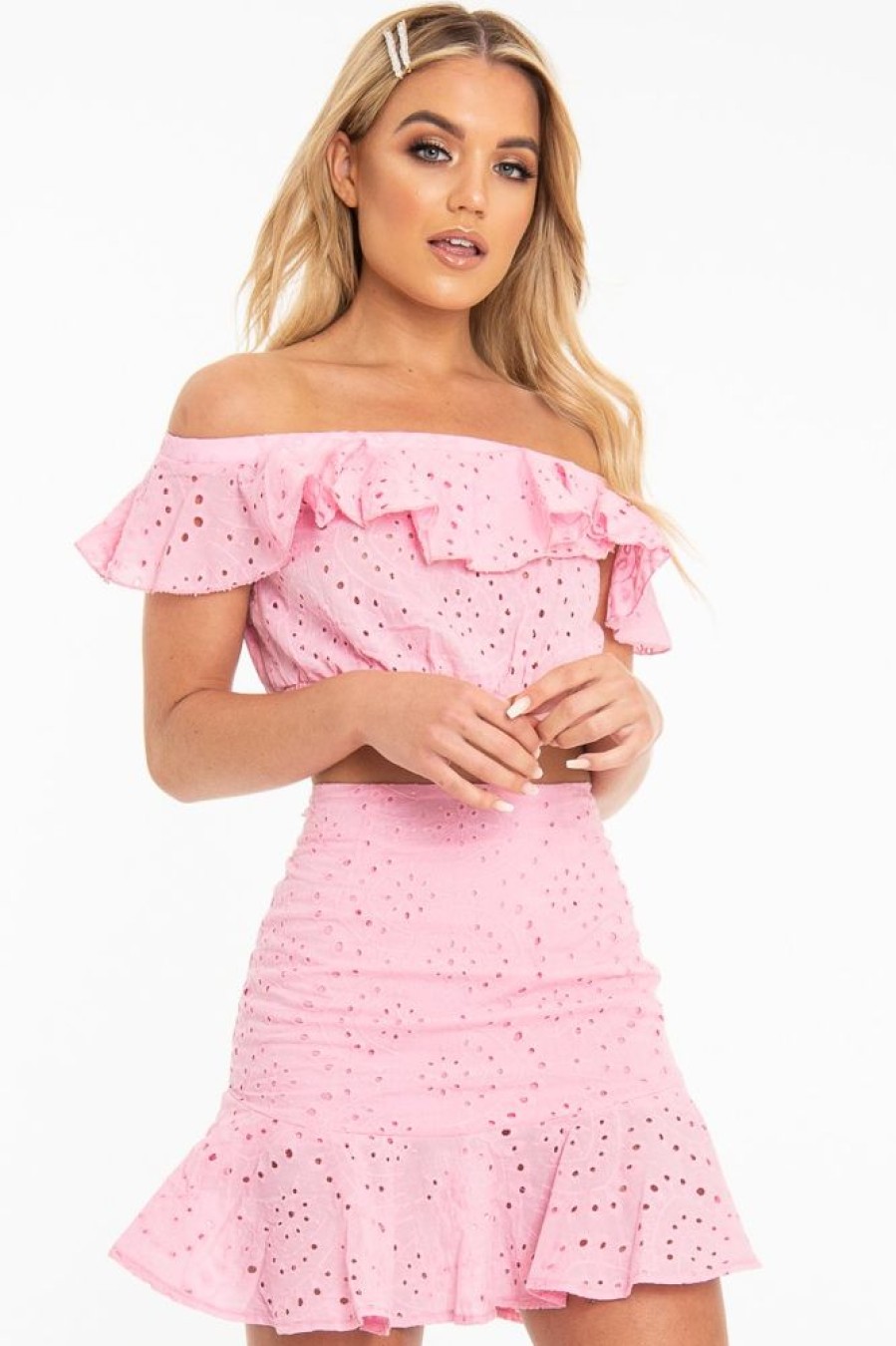 Clothing Rebellious Fashion | Pink Broderie Lace Bardot Crop Top Skirt Co-Ord - Dahlia