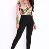 Clothing Rebellious Fashion | Pink And Gold Scarf Print Satin Plunge Bodysuit - Moniqua