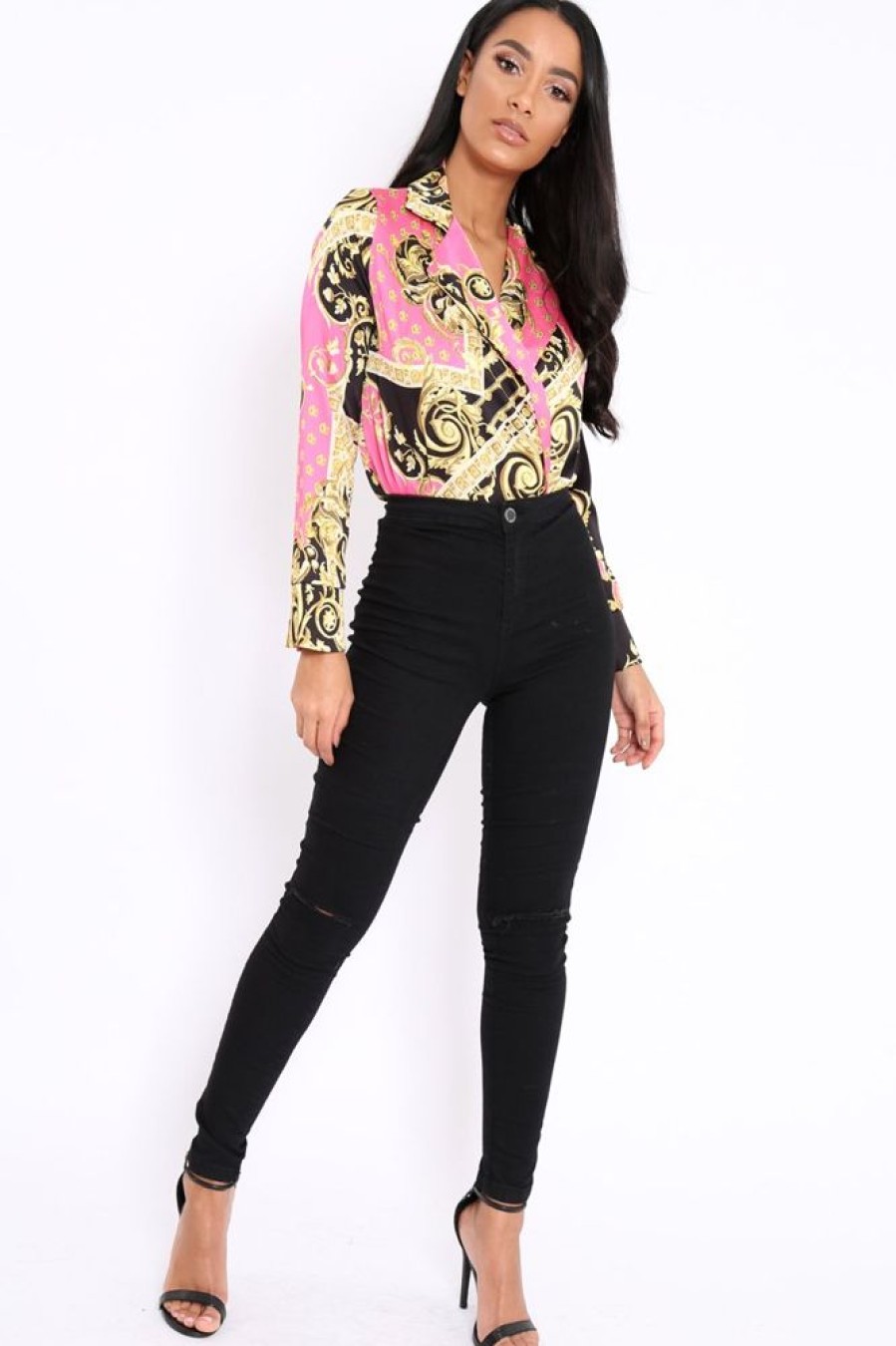 Clothing Rebellious Fashion | Pink And Gold Scarf Print Satin Plunge Bodysuit - Moniqua