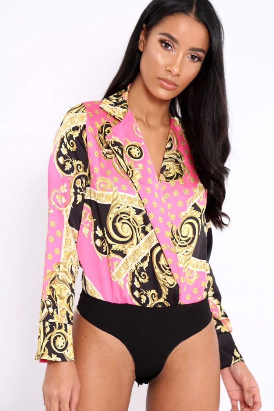 Clothing Rebellious Fashion | Pink And Gold Scarf Print Satin Plunge Bodysuit - Moniqua