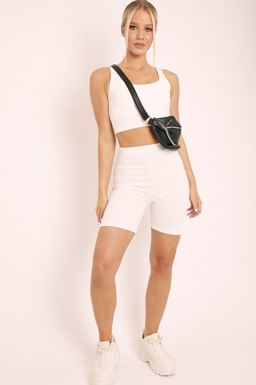 Clothing Rebellious Fashion | White Crop Top And Cycling Shorts Co-Ord Set - Frankie