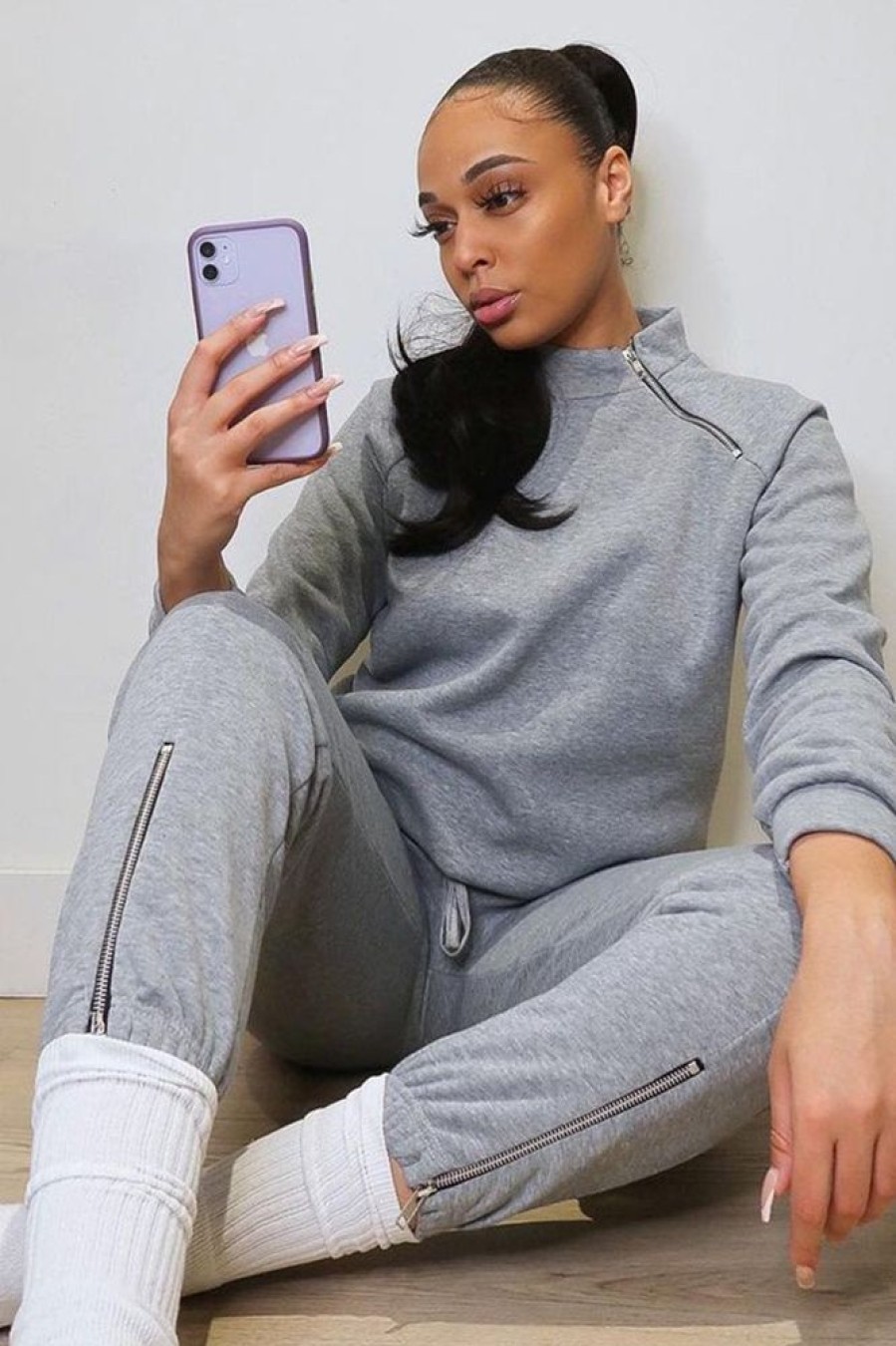 Clothing Rebellious Fashion | Grey Zip Neck Detail Sweatshirt - Jayda