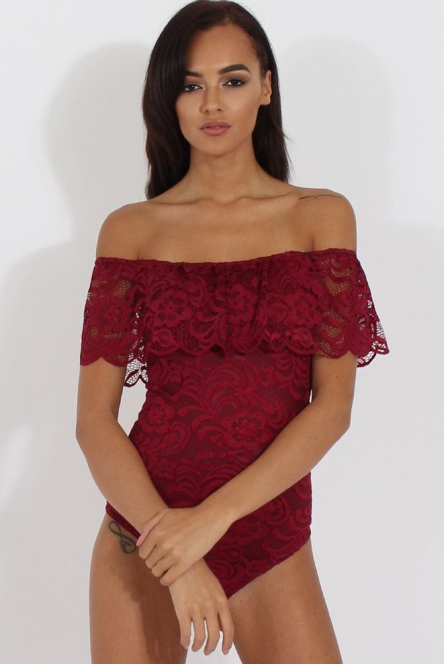 Clothing Rebellious Fashion | Wine Lace Frill Bardot Bodysuit - Tonika