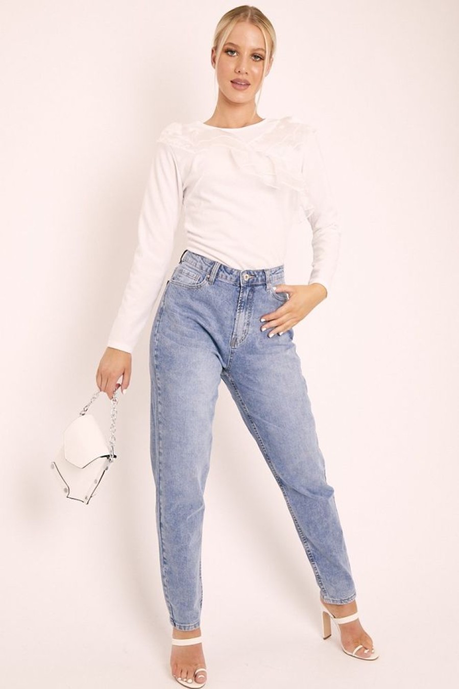 Clothing Rebellious Fashion | White Mesh Ruffle Front Long Sleeve Top - Kristen