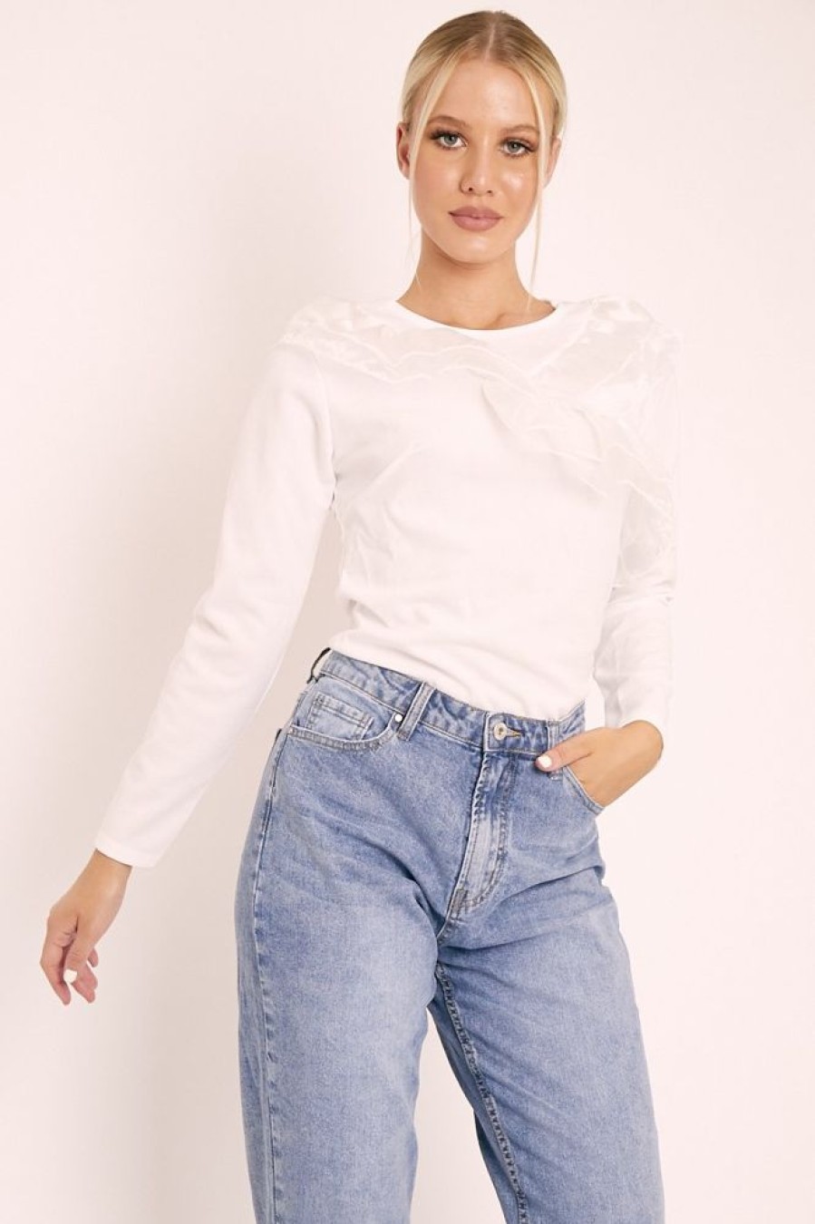 Clothing Rebellious Fashion | White Mesh Ruffle Front Long Sleeve Top - Kristen