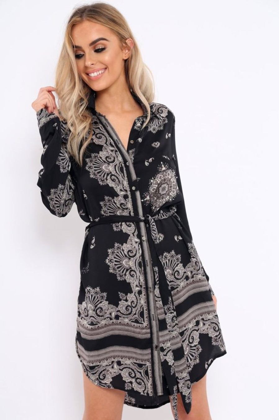 Clothing Rebellious Fashion | Black Satin Paisley Print Button Front Shirt Dress - Hailie