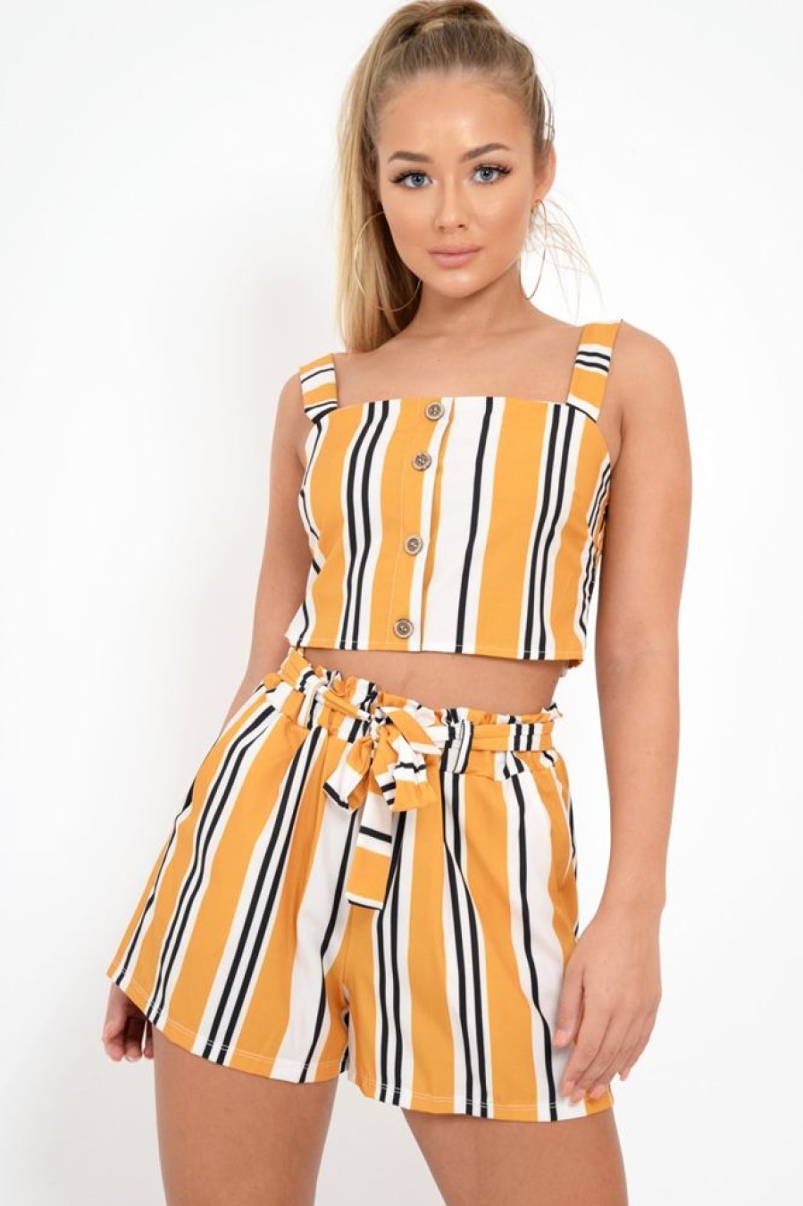 Clothing Rebellious Fashion | Mustard Stripe Crop Top And Shorts Co-Ord - Taizley