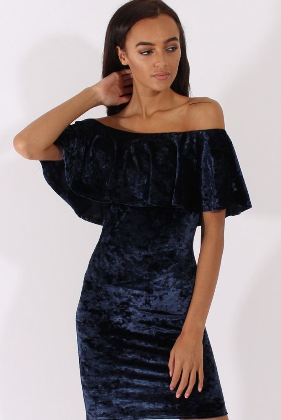 Clothing Rebellious Fashion | Navy Crushed Velvet Frill Dress - Esmy