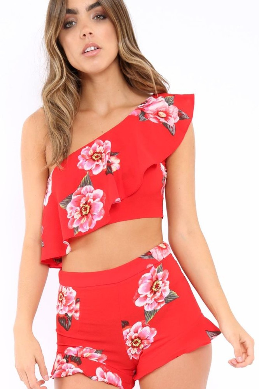 Clothing Rebellious Fashion | Red Floral One Shoulder Co-Ord - Ivree