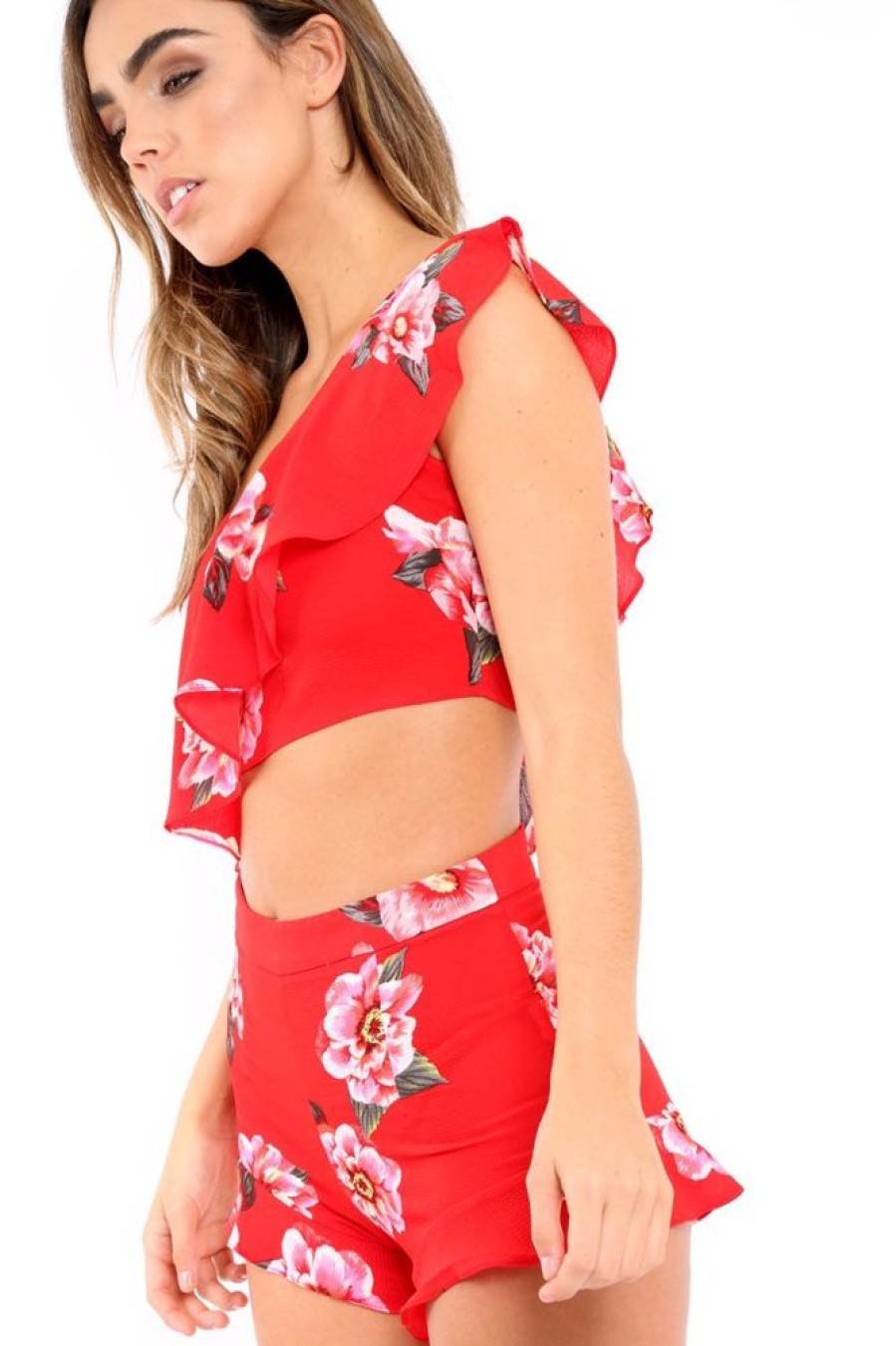 Clothing Rebellious Fashion | Red Floral One Shoulder Co-Ord - Ivree