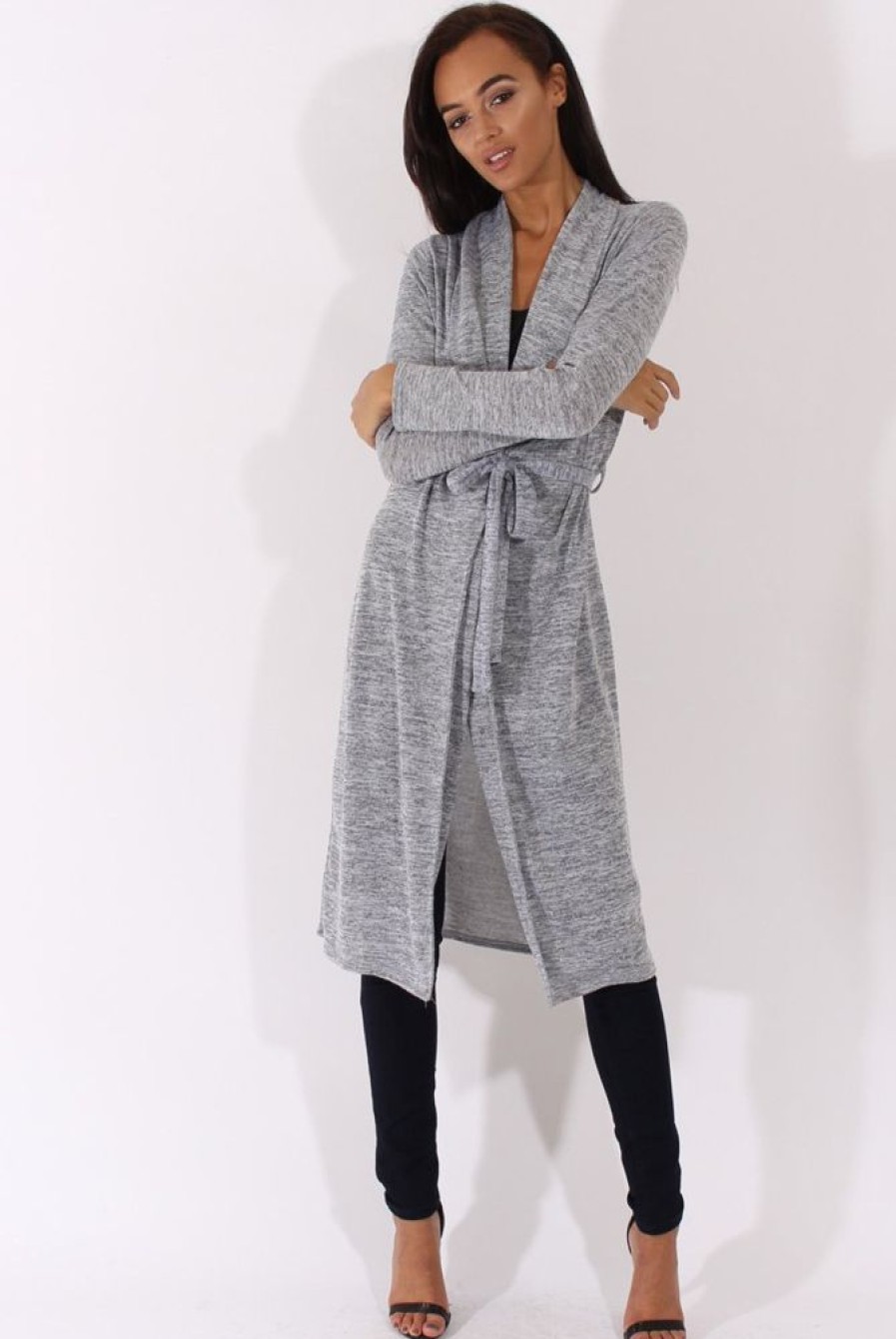 Clothing Rebellious Fashion | Light Grey Long Line Tied Waist Cardigan - Portia