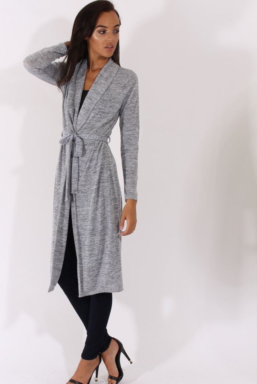 Clothing Rebellious Fashion | Light Grey Long Line Tied Waist Cardigan - Portia