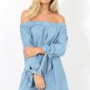 Clothing Rebellious Fashion | Light Denim Buttoned Bardot Dress - Adeline