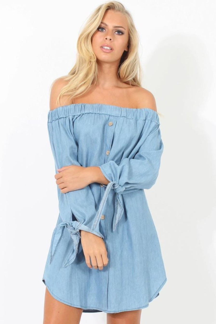 Clothing Rebellious Fashion | Light Denim Buttoned Bardot Dress - Adeline