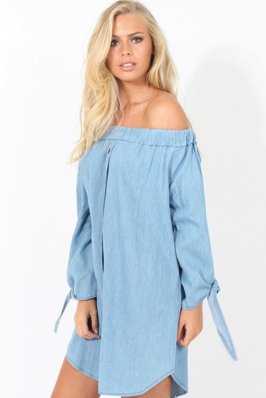 Clothing Rebellious Fashion | Light Denim Buttoned Bardot Dress - Adeline