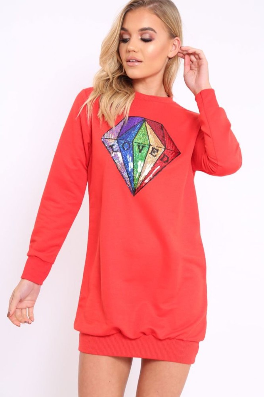 Clothing Rebellious Fashion | Red Loved Sequin Diamond Jumper Dress - Mary