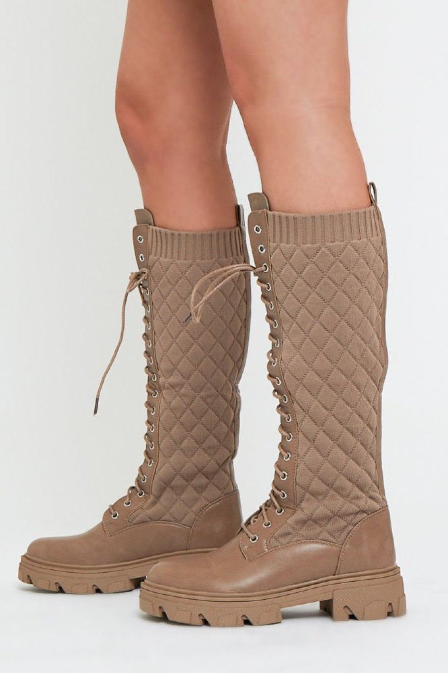 Shoes Rebellious Fashion | Brown Lace Up Pu Leather And Quilted High Boots - Salva