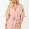 Clothing Rebellious Fashion | Nude Wrap Around Pleated Tie Waist Dress - Lilith