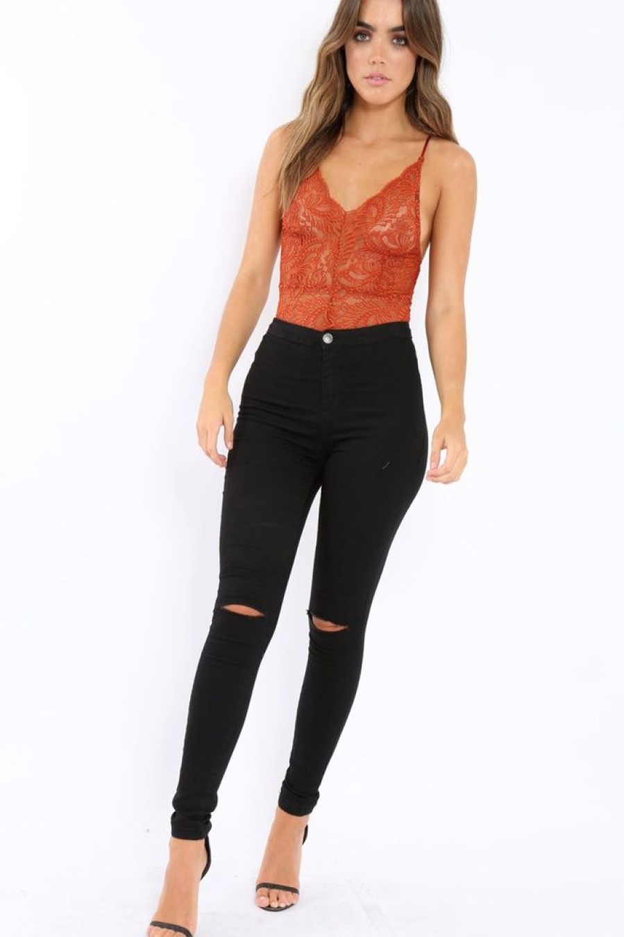 Clothing Rebellious Fashion | Rust Lace Cross Back Bodysuit - Brogan