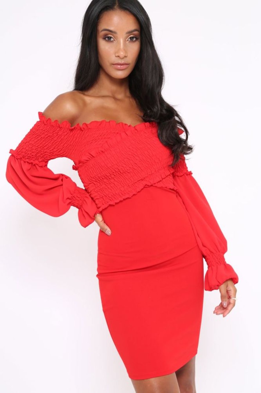 Clothing Rebellious Fashion | Red Shirred Wrap Over Bardot Mini Dress - Natasha