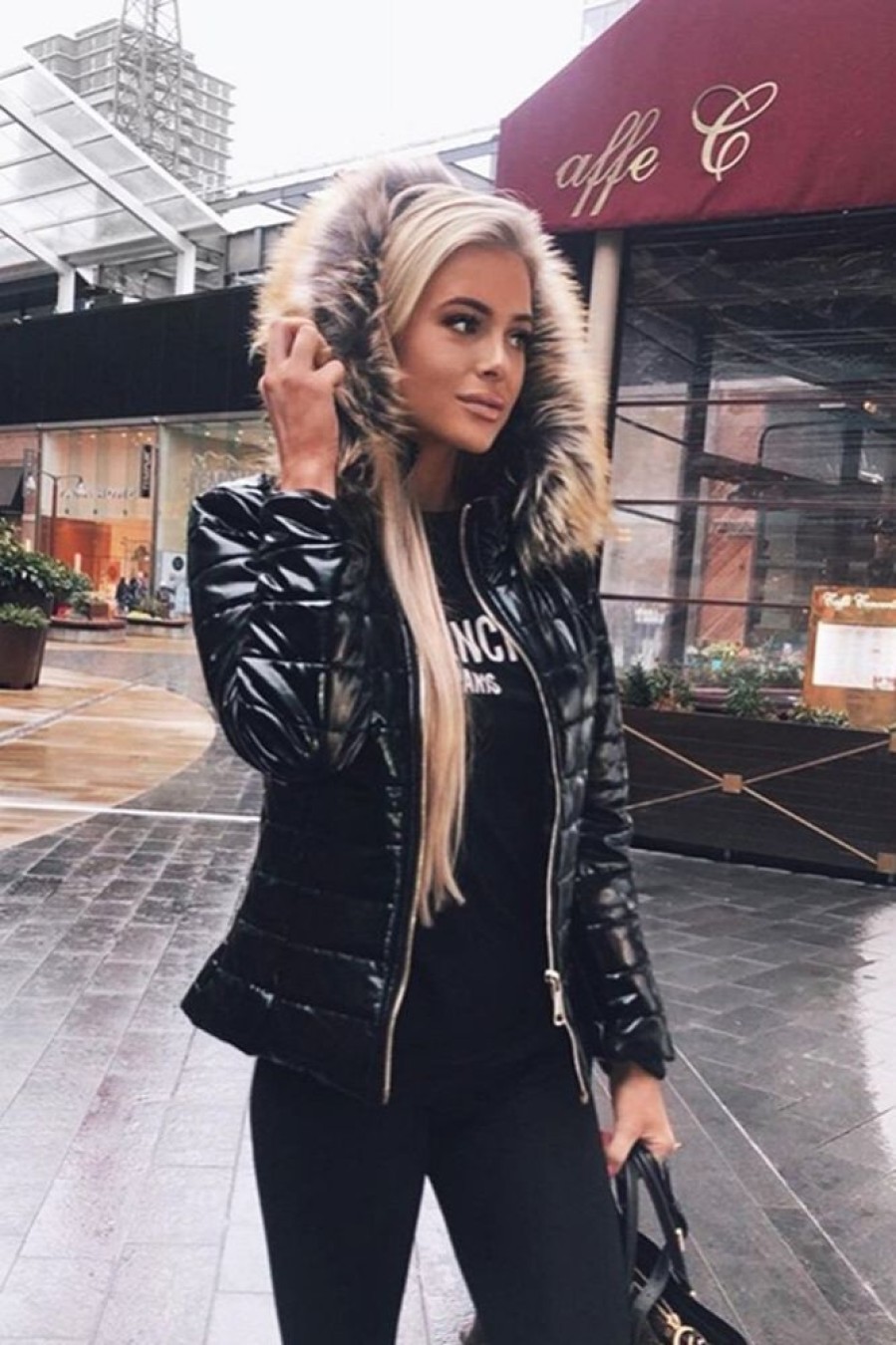 Clothing Rebellious Fashion | Black Wet Look Puffer Coat - Soph