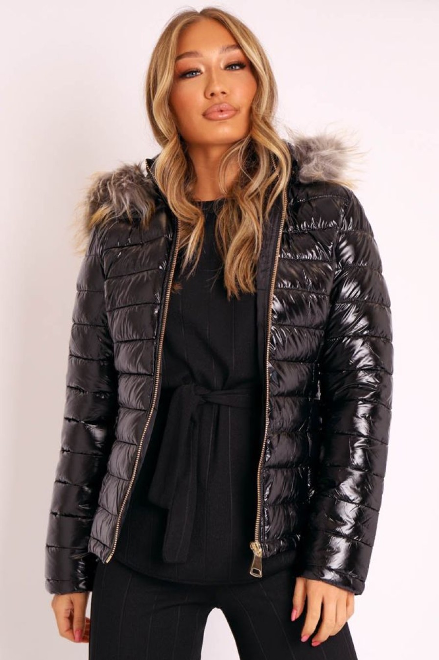 Clothing Rebellious Fashion | Black Wet Look Puffer Coat - Soph