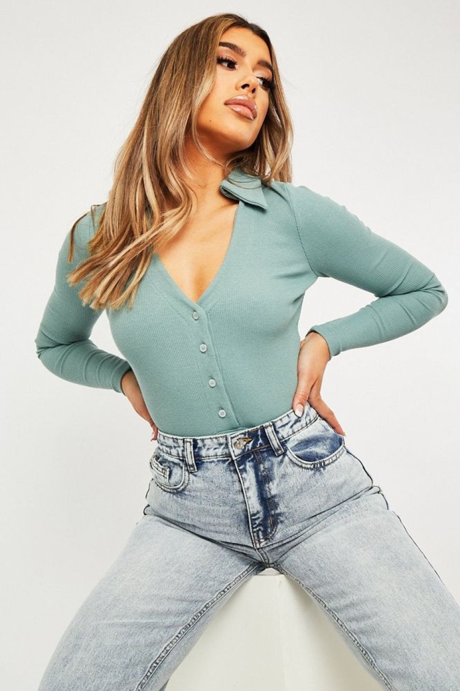 Clothing Rebellious Fashion | Sage Plunge Button Front Collar Bodysuit - Isabella