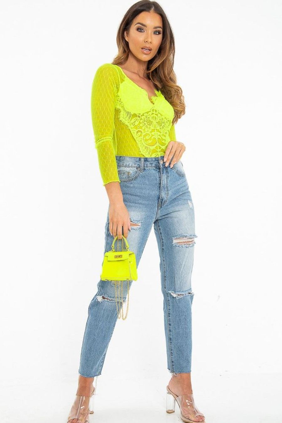 Clothing Rebellious Fashion | Neon Yellow Dobby Mesh Low Cut Bodysuit - Tamara